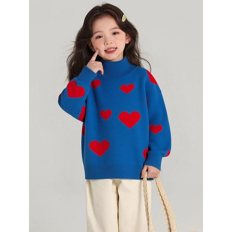 Brand Surplus 2026 Spring Children's Clothing Girls' Pure Cotton Knit Sweater with High Collar and Heart Design for Toddlers and Young Children