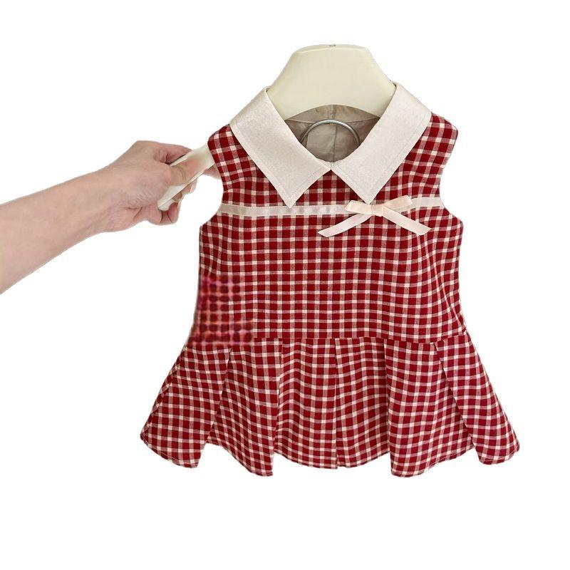 Girls Summer Plaid Vest Dress With Collar And Bow Baby Sleeveless Sundress Cute Children Casual Outfit For Kids