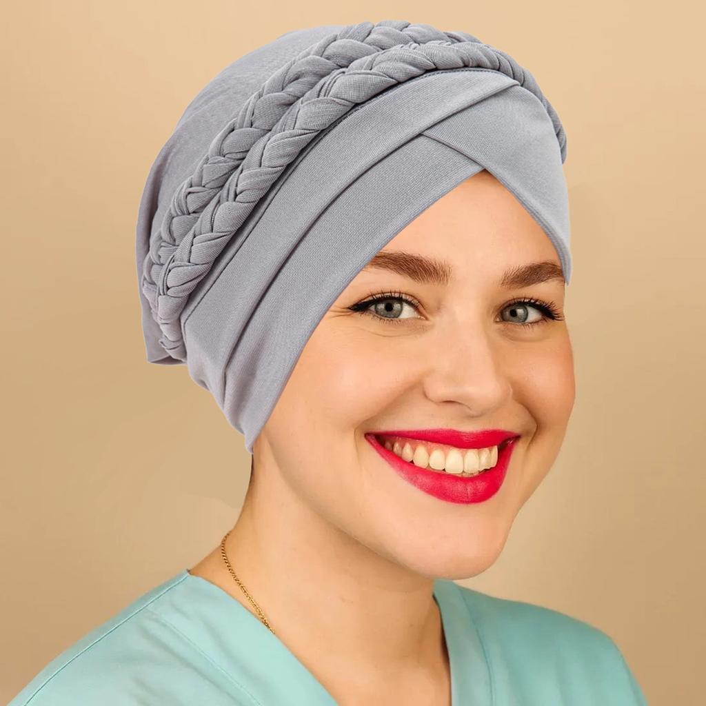 Solid Color Muslim Turban Hat Single Color Milk Silk Two Braids Headscarf Hat