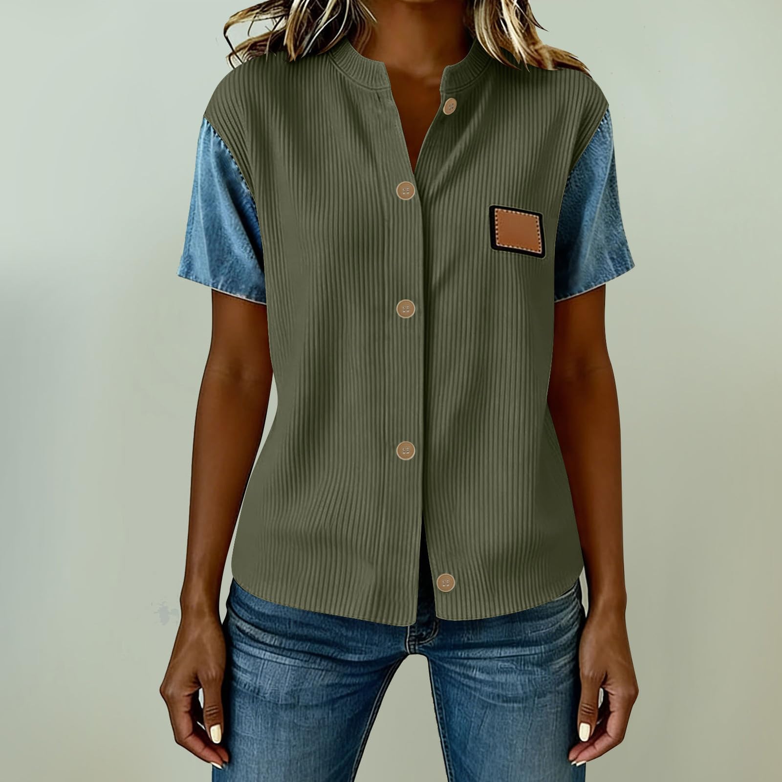 

Women Patchwork Tops V Neck Button Down Shirts Casual Blouses Ribbed Loose Fit T-Shirt L армия зеленый