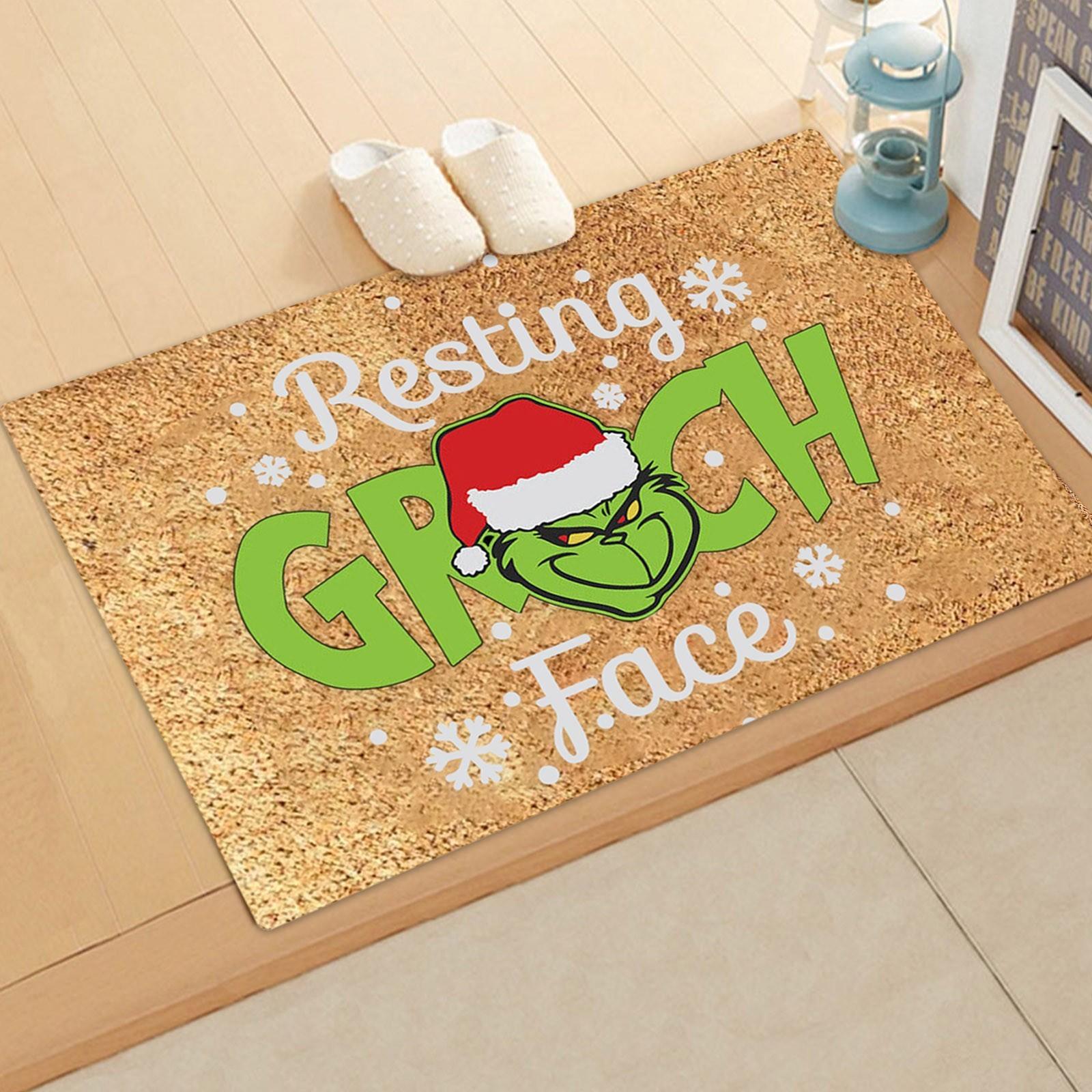 

Christmas Themed Decorative Doormat Featuring Festive Character Illustration with Santa Hat and Ornament Design for Indoor Outdoor Use