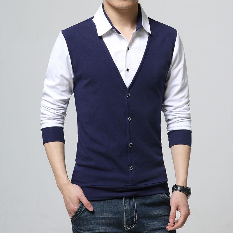 T-shirt da uomo T-shirt autunnali Camicia da uomo di grandi dimensioni con collo a polo Camicie a maniche lunghe da uomo d'affari coreani a colori a contrasto