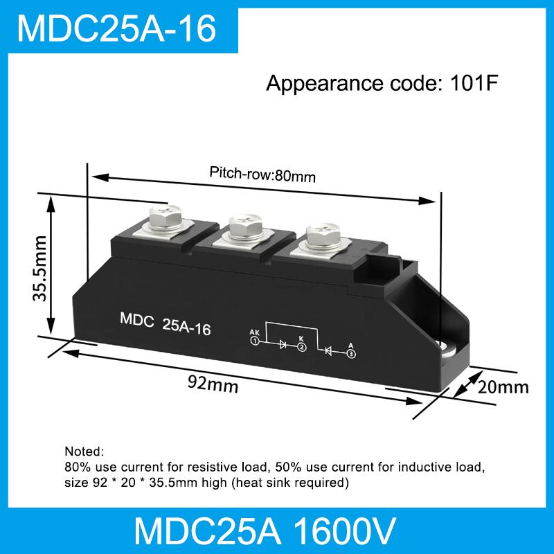 

Однофазна випрямна трубка високої потужності MDC 25A 55A 70A 90A 110A 130A 200A 250A 1600V Випрямний міст Діодний транзисторний модуль MDC25A-16