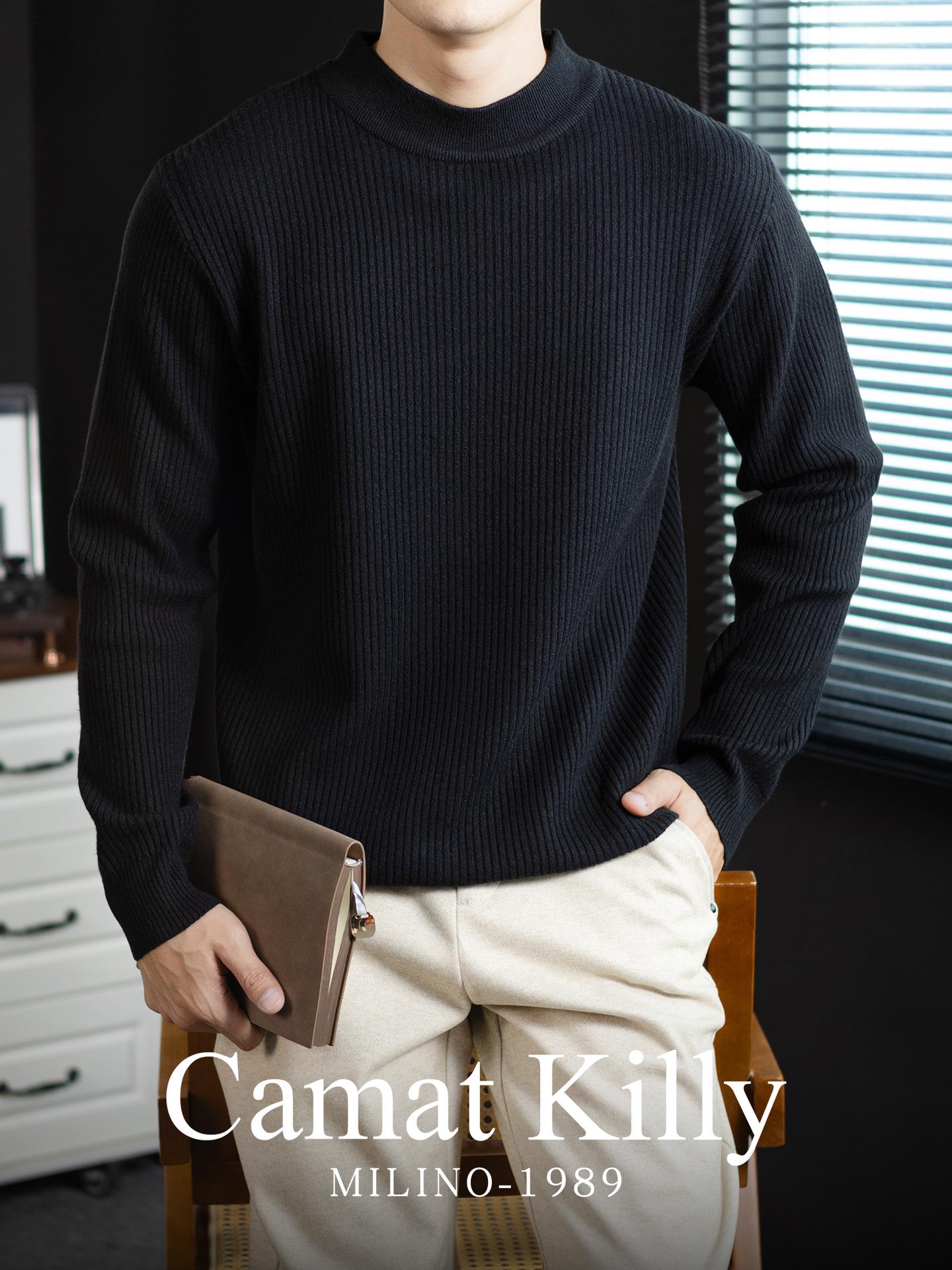 High Intelligence Old Money | Men s Wool Striped Mid-Neck Sweater - Warm Autumn/Winter Style, Heat-Retaining Knitwear 4XL