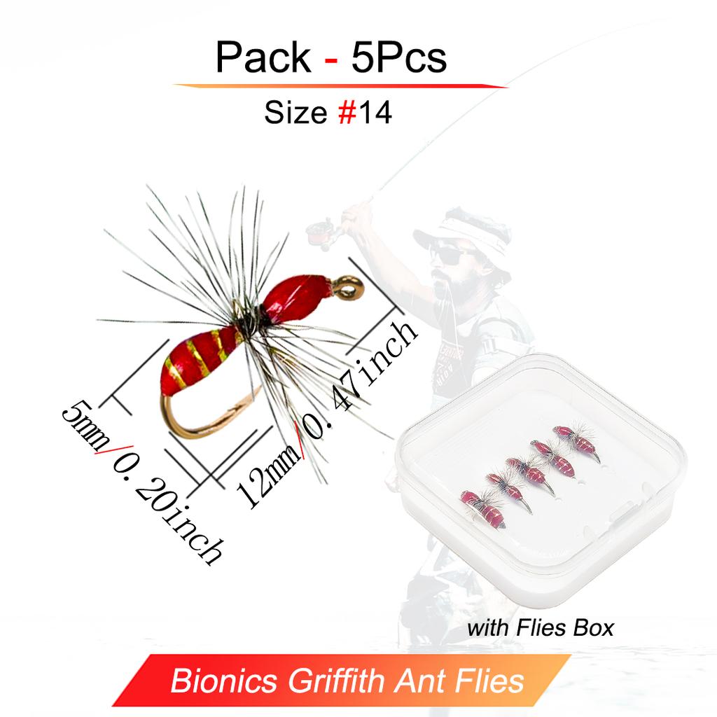 5-teiliger Griffith Ameisenköder, Kohlenstoffstahlhaken Geeignet zum Angeln auf Forelle, Seebarsch, Lachs usw.. - Mit Fliegenbox