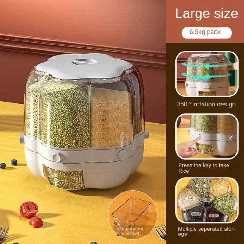 Large Capacity Kitchen Rice Tank Grain Box White/Green Food Storage Container 360° Rotating Rice Barrels Sealed Cereal Dispenser