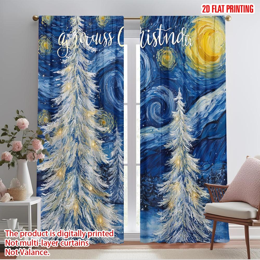 

2pcs,2D plane printing Curtains Snowy Pine Trees_ Starry Night Sky & Snowflakes Versatile Fabric (without rod) Holiday Use for 52.50×116.00 CM 2pcs