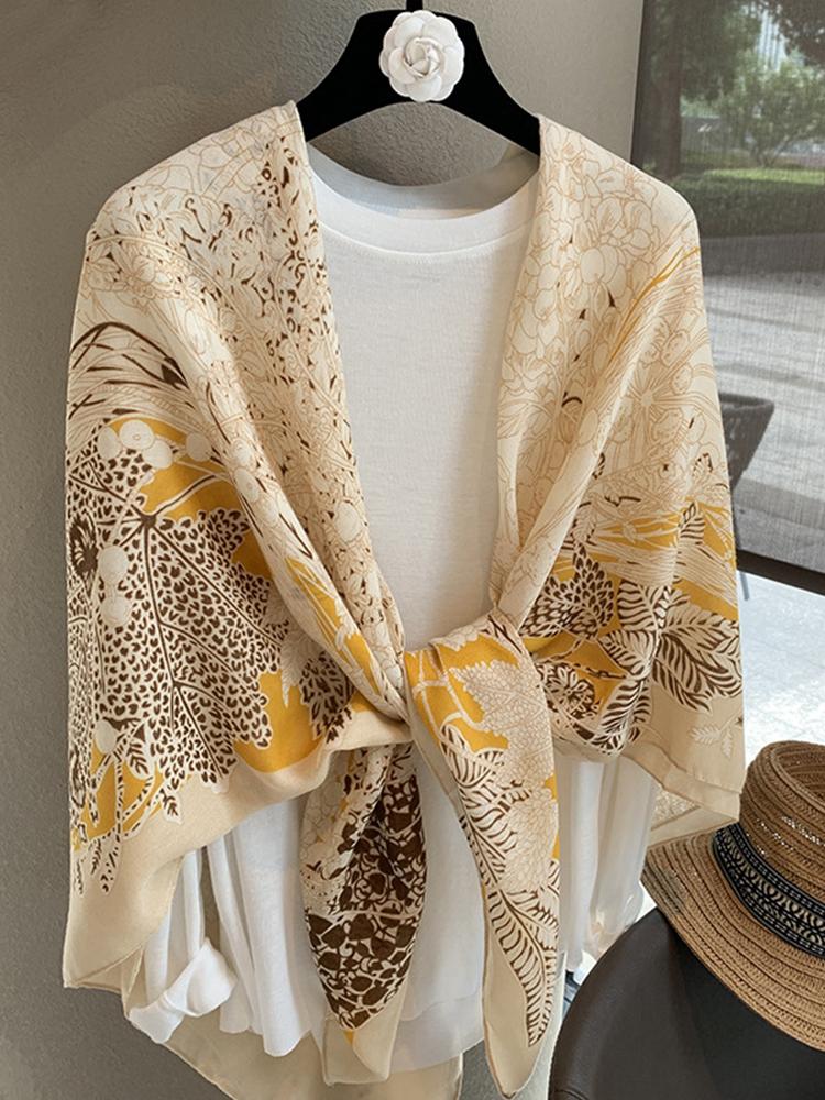 Elegant Women Silk Scarf Wrap Shawl Yellow Floral Print Sunscreen Bandanas Hijab Mujer Scarve Pareo Headscarf Travel Fashion New