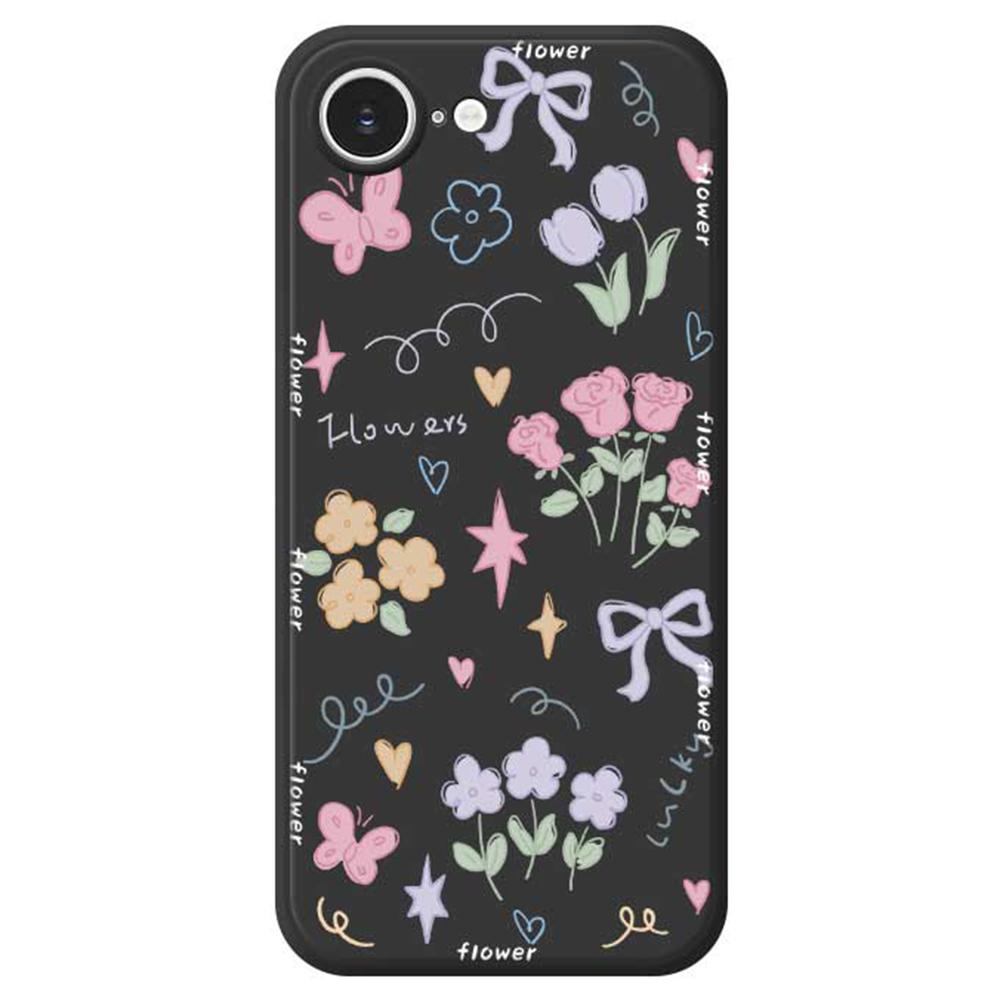 

For iPhone 16e Case Cute Lucky Flowers Pattern Printing Straight Edge TPU Phone Back Cover Black