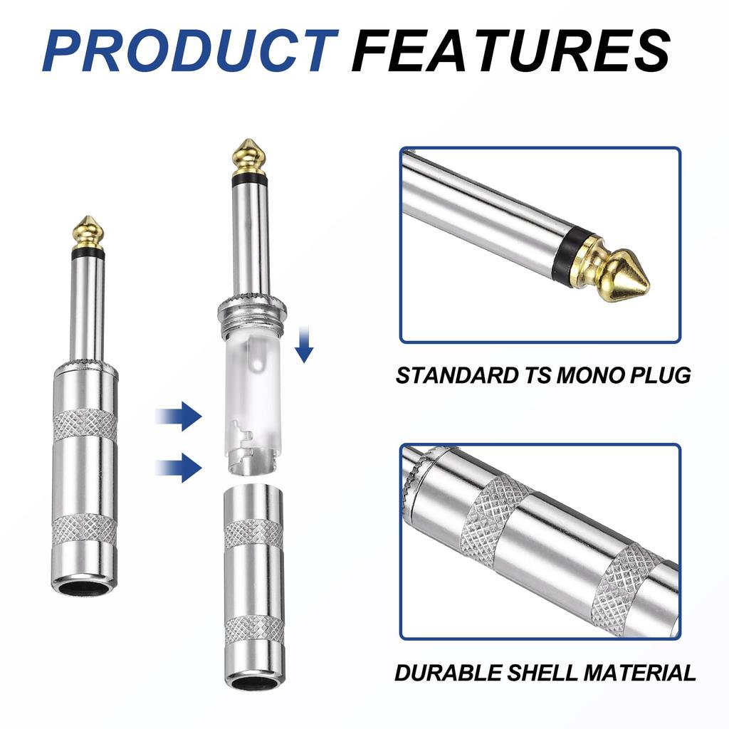 Uxcell 5pcs Inch Audio TS Plug Mono Male Plug Cable Connector TS Male Audio Cable Adapter for Guitars Inch Silver 1/4 6.35mm Speakers, Microphones,