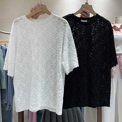 Summer Woman T-shirts Ropa Mujer Fashion Lace Hollow Out T Shirts O-neck Short Sleeve Tees Oversized Tops White T-shirt