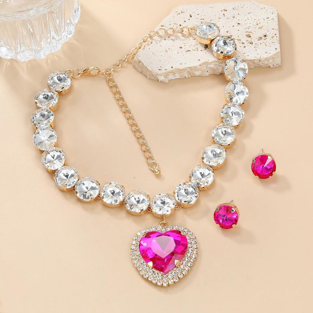 European & American Bridal Jewelry Set: Round Glass Diamond Earrings with Heart Pendant Necklace