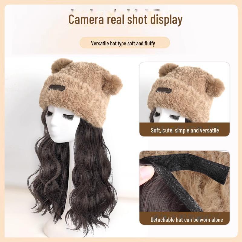 Damska odpinana czapka z misiem z długą kręconą peruką na jesień/zimę - ciepłe okrycie na całą głowę