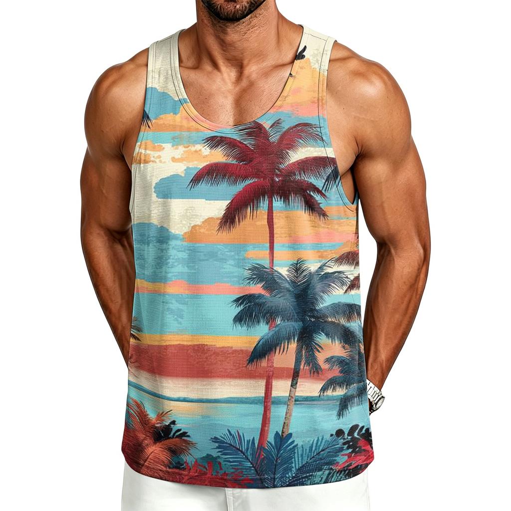 Men's Casual Hawaiian Print Outdoor Sports Tank Top Sleeveless Round Neck Summer Beachwear Lightweight Breathable Fabric