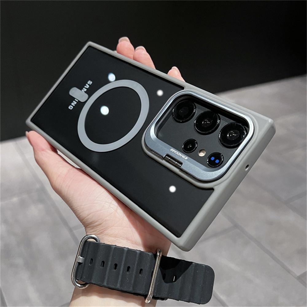 For Magsafe Transparent Magnetic Phone Case For Samsung S25 S24 S23 Ultra S22 Plus Luxury FoldLens Stand Holder Acrylic Cover