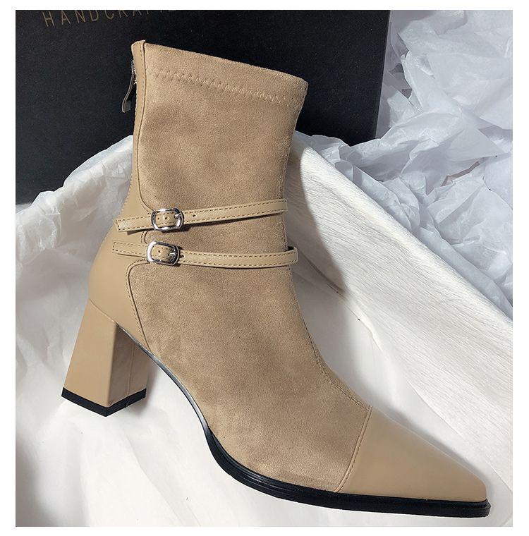 Exquisite Chunky Heel Pointed Toe Patchwork Ankle Boots - Plus Size, Mid Heel, Versatile, and Stylish Women's Elastic Skinny Boots