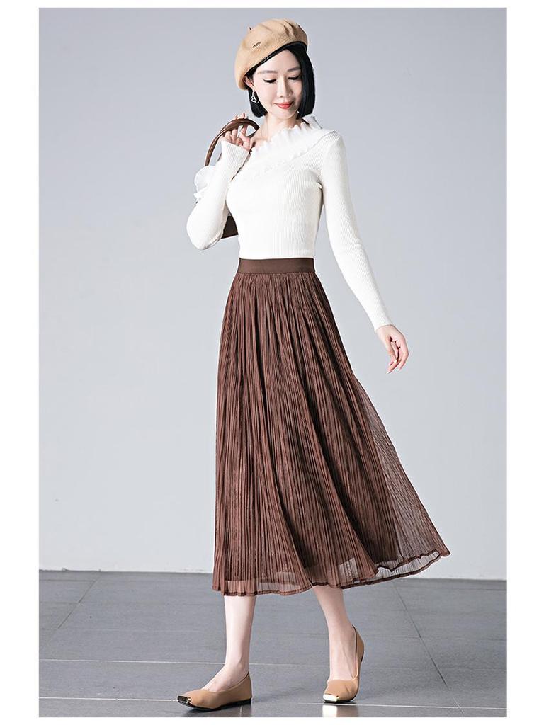 Brand Discount Women's High Waist Pleated Silk Midi Skirt with Puffy Mesh Overlay