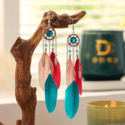 New Vintage Round Rhinestone Feather Earrings for Women Ethnic Elegant Long Drop Earring Wedding Vacation Female Jewelry
