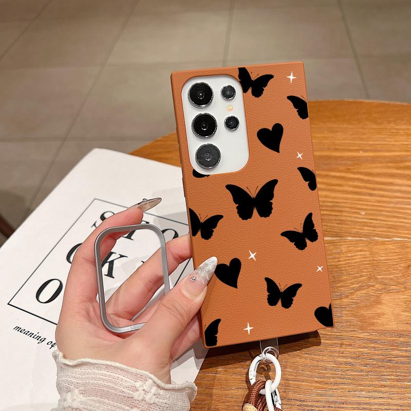 Love Heart Butterfly Print Stoßfeste weiche Handyhülle für Samsung S25 Ultra S24 FE S23 S22 S21 A16 A55 A56 A15 A36 Crossbody Rope Matte TPU Slim Cover