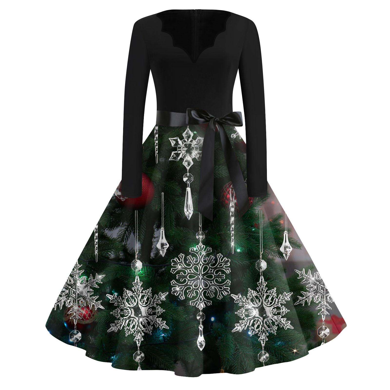 

Женские модные повседневные тонкие рождественские платья с длинным рукавом с v-образным вырезом и принтом XL