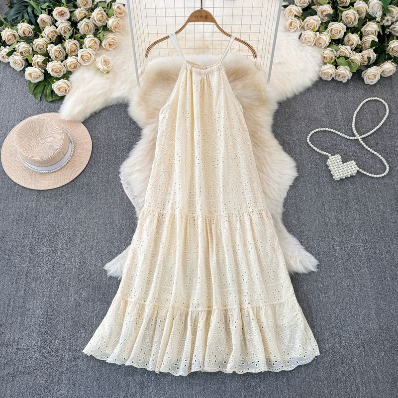 

Thailand Sanya Beach Travel Beach Dress Women s Summer White Vacation Style Sling Dress Loose Slim Looking Wear Apricot All yards