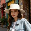 Retro Hepburn Style Cloche Wide Brim Wool Felt Hat for Women, Vintage Flat Top Fedora Fashionable Decorative with Faux Pearl Trim, Elegant Winter Cap
