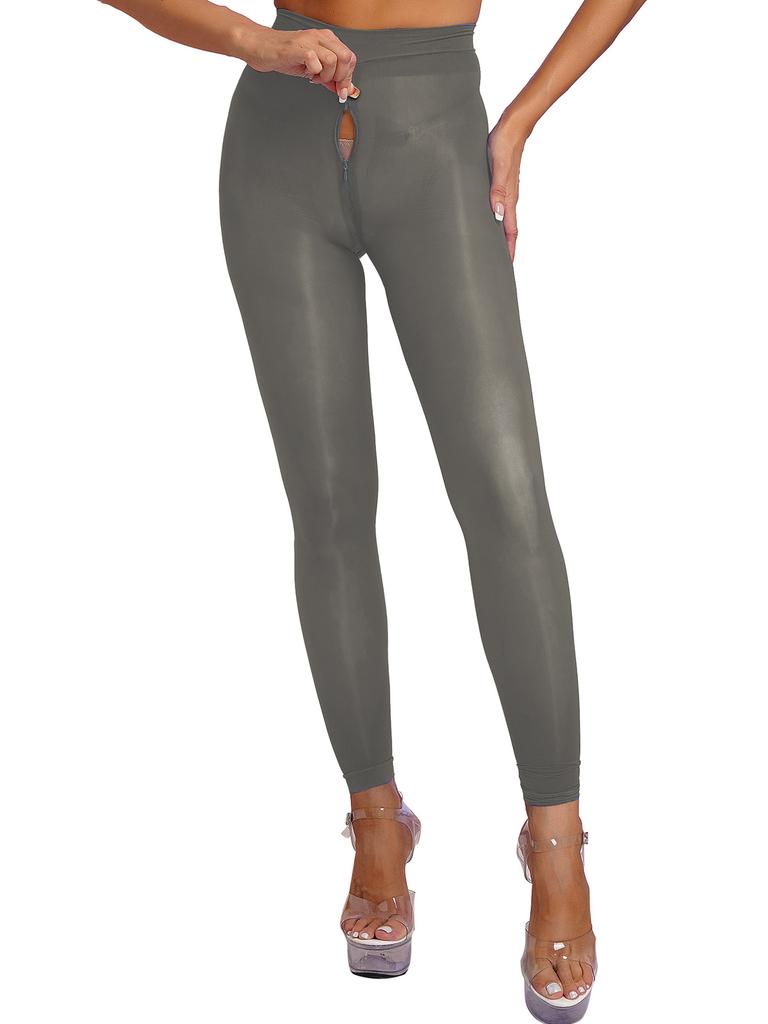 Womens Solid Color Skinny Leggings Glossy Sheer Tights Pantyhose Stretchy Zipper Crotch Tights Pants Stockings See-through