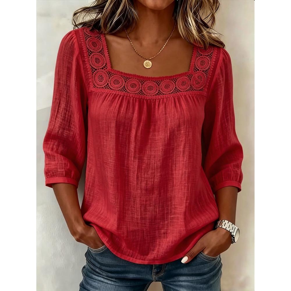 Women Summer Solid Color Casual Square Neck Lace Spliced 3/4 Sleeve Top S красный