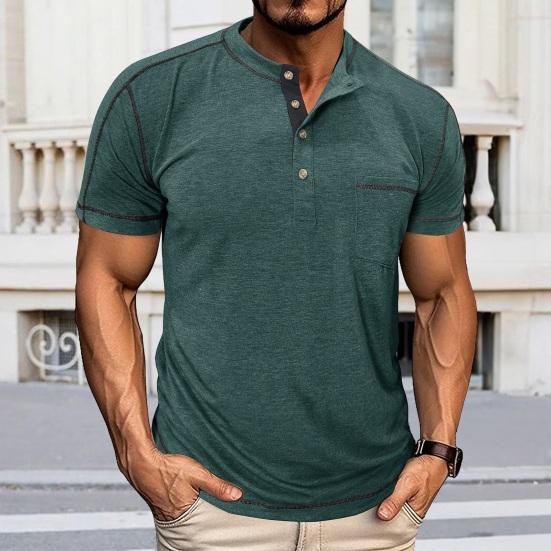 Men's T-shirt with Chest Pocket Round Neck Button-up Collar Tee Short Sleeves Casual Summer Top for Home Gym Street Wear