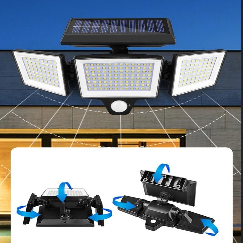 208 LED Solar Outdoor Lights 3 Heads Motion Sensor Security Lamp IP65 Waterproof Remote Control 3 Modes Flood Wall Light