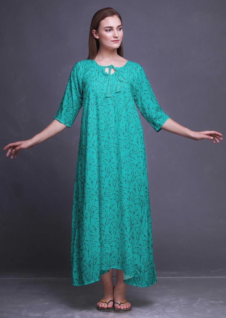 Bimba Dark Rose Brown Floral Leaves & Camellia Kanjiro Printed Nightgowns Maxi Sleepwear For Women Long Sleep Dress