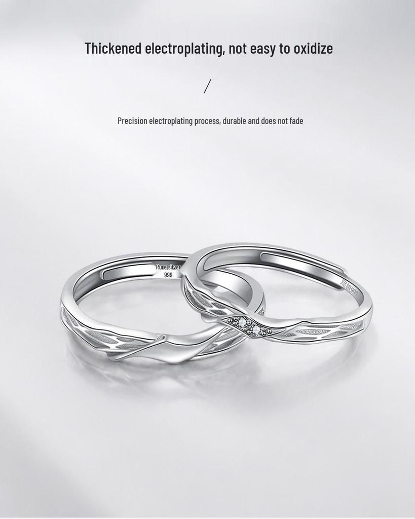 Sterling Silver Couple Rings: Twisted Pattern, Diamond Inlay, Open Design – Perfect for Anniversaries.