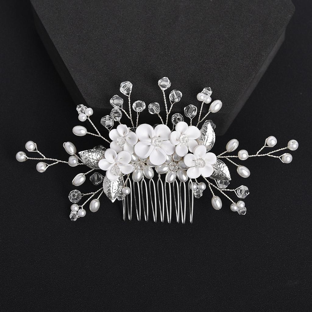 Europe and America Cross Border White Polymer Clay Flowers Metal Iron Plate Leaves Hair Comb Bridal Accessories