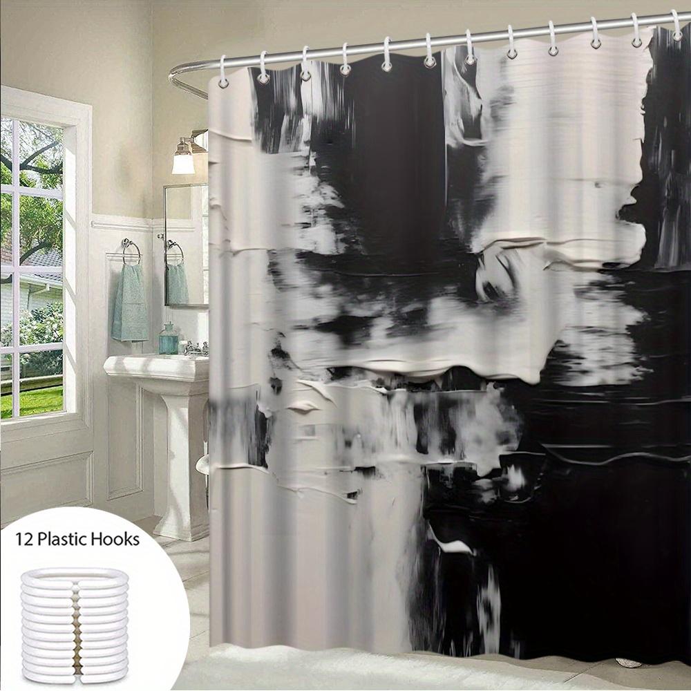 1Pc Abstract Brushstroke Art Shower Curtain - Modern Minimalist Black And White Texture, 70.8X70.8In, 12 Hooks, Contemporary Sty