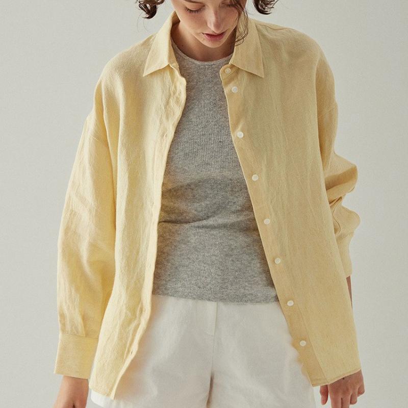 

French Style 100% Linen Loose Shirt for Women, Lightweight Spring Sun Protection Blouse L жовтий