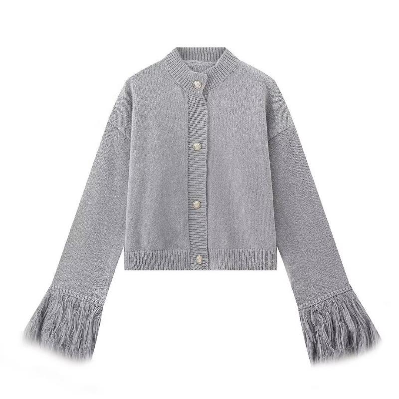 Women Solid Knit Cardigan With Faux Fur Trim Long Sleeve
