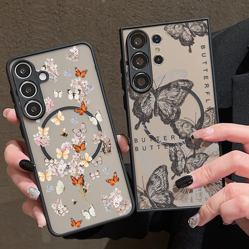 Butterfly Pattern Case For Samsung Galxy S26 Ultra S25 Edge S24 S23 S22 Plus S21 FE Magnetic Thin Ring Skin Texture Cover