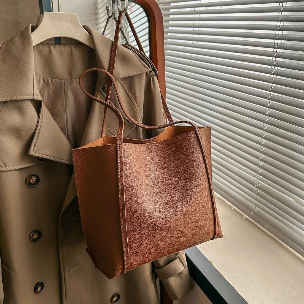 Stylish Retro Pu Tote Bag Set With Large Capacity Dual Color Design For Women