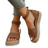 Large-sized Thick-soled Women's Shoes, One-shoulder Buckle with Wedge Heel and Light Sandals Made of Hemp Rope