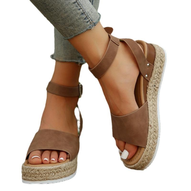 Large-sized Thick-soled Women's Shoes, One-shoulder Buckle with Wedge Heel and Light Sandals Made of Hemp Rope