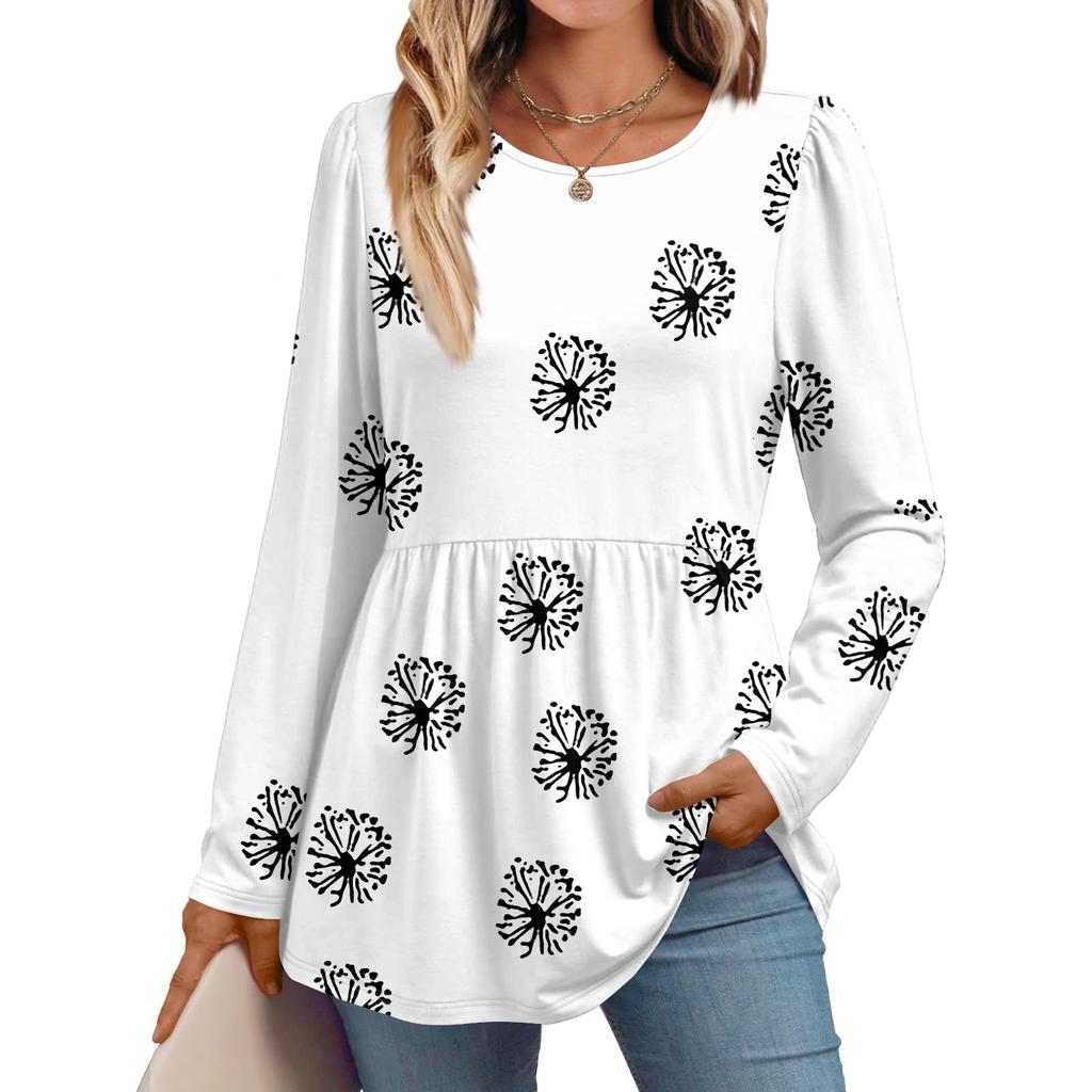 Women's Casual Fashion Long Sleeve Shirt Floral Printed Tunic Top