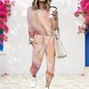 Women Plus Size Round Neck Long Sleeve Printed Two Piece Pants Set Cuffed Top Cuffed Pants With Pockets