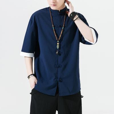 Men Shirt Chinese Style Ice Silk Solid Color Knot Button Single-breasted Mid Length Half Sleeves Loose Cardigan Top Hanfu Costume