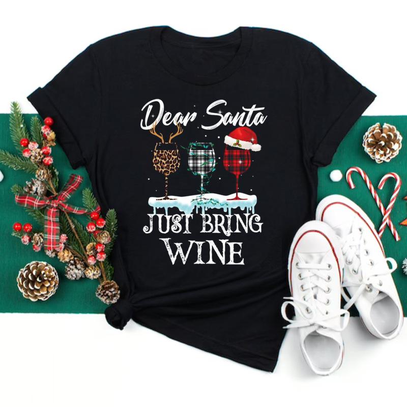 Polyester  100% New Christmas Happy Christmas Tree Santa Claus Casual and Fashionable Round-neck Short-sleeved Women's Base Tops