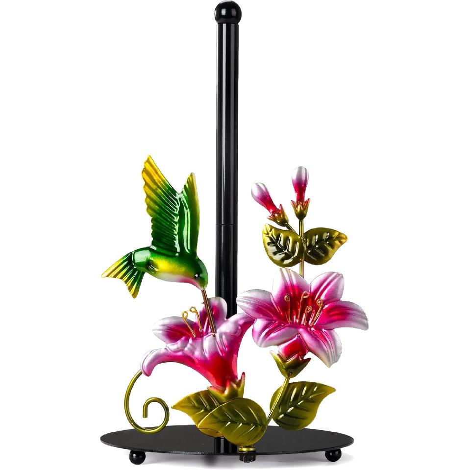 Decorative Paper Towel Roll Holder Countertop - Flower and Hummingbird Decor Farmhouse Kitchen Decor and Accessories, Hummingbird Gifts for Women Mom