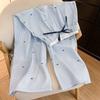 Korean-Style Blue Lace Striped Wide-Leg Pants for Women - Spring/Summer Straight-Leg Casual Trousers with Design-Forward Details