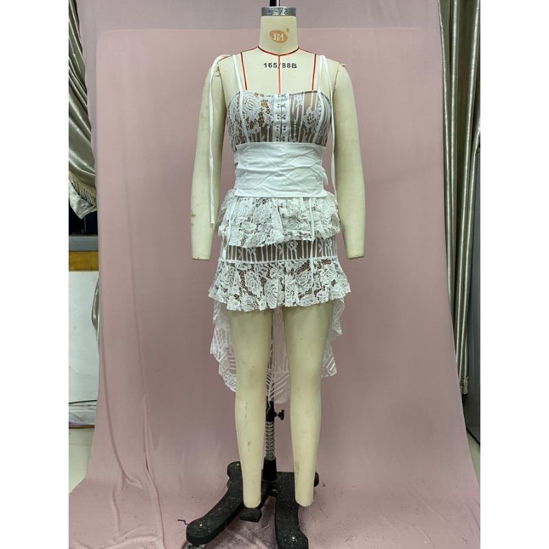 Women's Summer One-button Irregular Lace See-through Halter Dresses