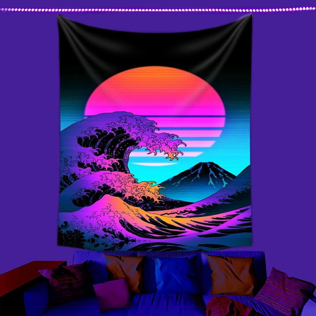 Blacklight Mushroom Skull Tapestry UV Reactive Trippy Wall Hanging Peach Skin 2D Print Psychedelic Bedroom Dorm Decor