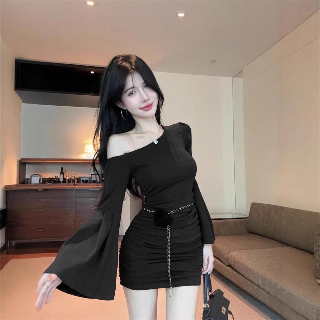 Women's Purple Ruched One-Shoulder Bell Sleeve Dress - Slim Fit, Waist-Hugging Short Skirt