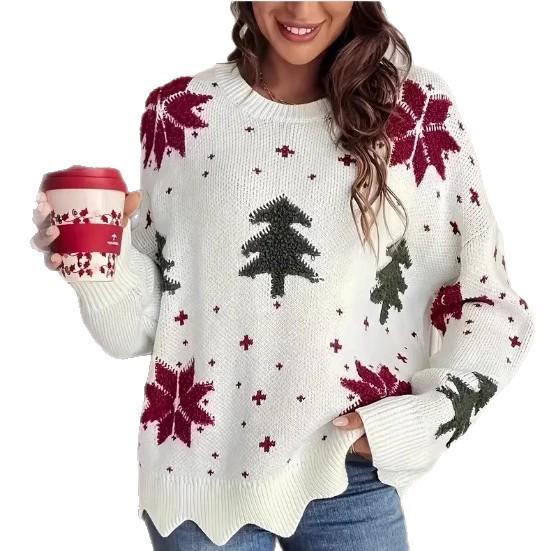 2026 Winter Snowflake Christmas Tree Print Women's Loose Knit Sweater